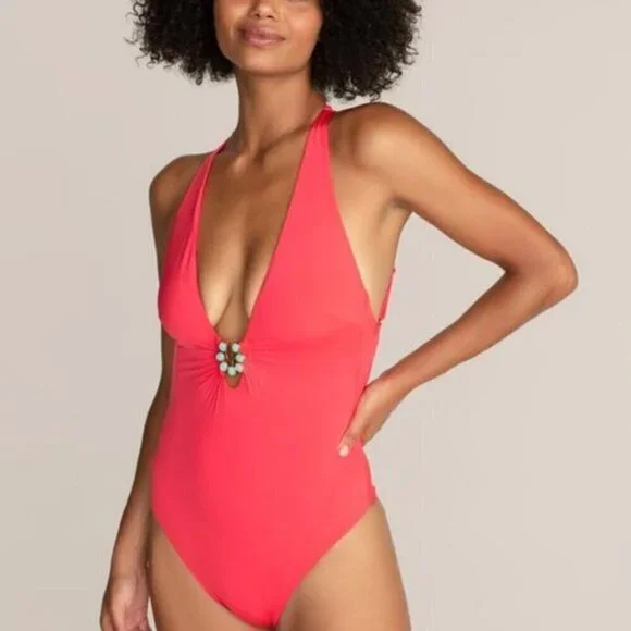 💕TRINA TURK💕 Bijou Solids V-Plunge Plus One Piece Swimsuit Poppy Coral 20W